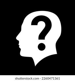 Icono de la silueta de cabeza humana con signo de interrogación. Ilustración en negro