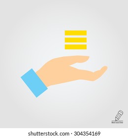 Icon of human palm holding stacks of coins
