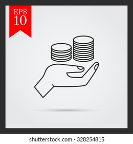 Icon of human palm holding stacks of coins