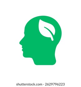 Icon of human profile with leaf in the mind, concept of ecological thinking, sustainability, and environmental awareness.