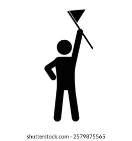 The icon of a human raising a flag in a triangular shape can be used as a competition or race icon or a spirit symbol icon