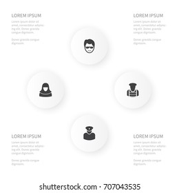Icon Human Set Of Policeman, Security Man, Mahometan And Other Vector Objects. Also Includes Human, Anonymous, Agent Elements.