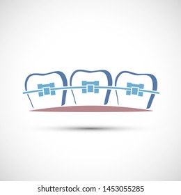 Icon human teeth with metal dental braces. Vector logo.