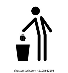 Icon of a human throwing a face mask in a trash can. face mask end concept. Vector illustration