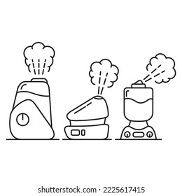 Icon Of A Humidifier Set. Household Or Office Equipment.Humidifier With Steam Jet.Outline Ionizer Humidifier.Electronic Devices Outline Collection. Air Cleaner.Air Purifier.Vector Illustration.