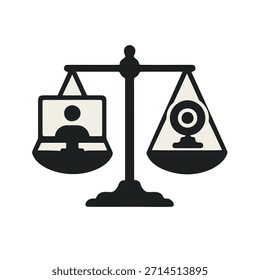 Icono "Equidad laboral híbrida": una escala equilibrada entre una persona en la oficina (monitor) y una persona en el hogar (cámara web).