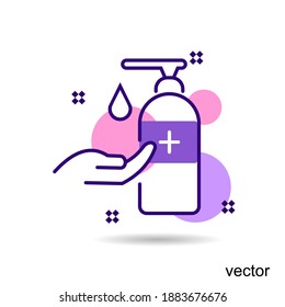 Icon of hygiene procedure, disease prevention. Healthcare wash hands with soap, antibacterial icon.Vector sanitizer and antiseptic alcohol gel symbol.