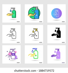 Icon of hygiene procedure, disease prevention. Healthcare wash hands with soap, antibacterial icon.Vector sanitizer and antiseptic alcohol gel symbol.