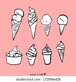 Icon Ice cream cone in sketch brush style. Chocolate and strawberry on top. Isolated on pink background. Hand drawn vector illustration sweet. 2