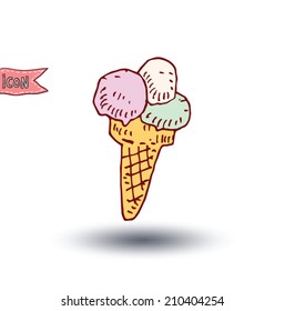 Icon of ice cream with cone, vector illustration.