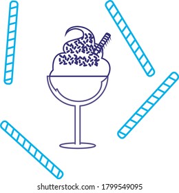 icon of ice cream or ice cream cup with chocolate chips and cookies degraded blue lines. white background