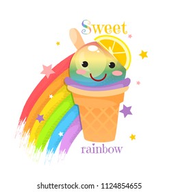 Icon of ice cream in the style of kawaii with pink cheeks. Nice print for t-shirts.  Summer design of rainbow ice cream with lemon. Children's textiles. Vector illustration. Application for clothes.