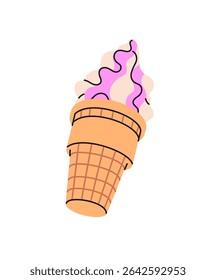 Icon of ice cream in wafer cup. Sweet icecream, cold milk snack for kids. Ball of sorbet, gelato, sundae in waffle cone. Frozen summer dessert. Flat isolated vector illustration on white background