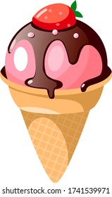 Icon of ice cream in a waffle cone with strawberries. Volume illustration of ice cream.