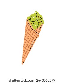 Icon of ice cream in waffle cone. Ball of pistachio flavor sorbet in wafer. Appetizing icecream, frozen milk dessert, cold summer snack, food. Flat isolated vector illustration on white background
