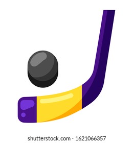 Icon of ice hockey stick and puck in flat style. Stylized sport equipment illustration.