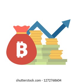 Icon with ico blockchain concept, safe bitcoin, cryptocurrency mining, startup project. Composition with mining of cryptocurrency, coins, banknotes, system users pool, security. Vector illustration. 