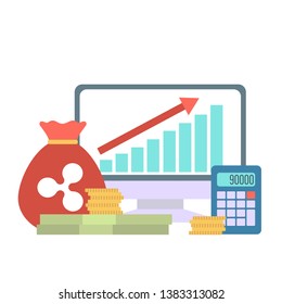 Icon with ico blockchain concept, safe bitcoin, cryptocurrency mining, startup project. Composition with mining of cryptocurrency, coins, banknotes, system users pool, security. Vector illustration. 