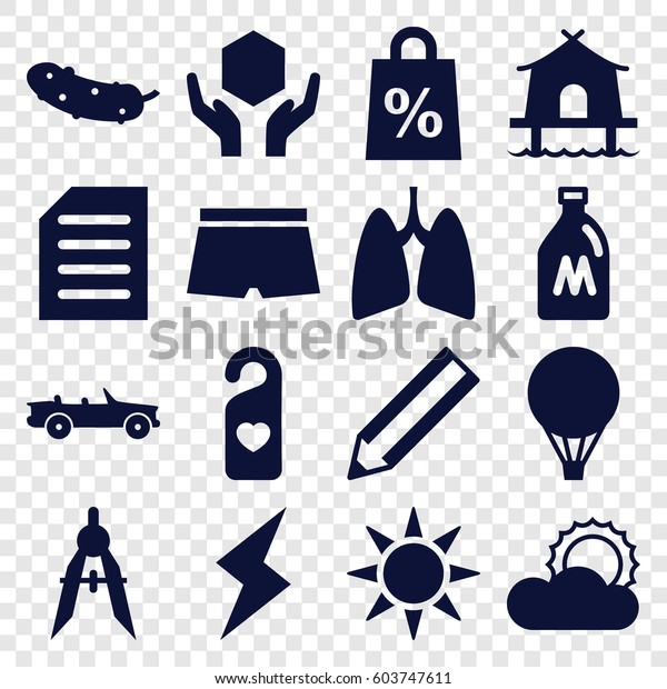 Icon icons set. set
of 16 icon filled icons such as milk can, pencil, compass,
cucumber, handle with care, heart tag, sun, lungs, document, flash,
tent, man swim wear