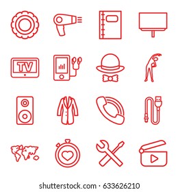 Icon icons set. set of 16 icon outline icons such as tv, hair dryer, exercising, board, wrench and screwdriver, stopwatch, call, mp3 player, notebook, loudspeaker, jacket