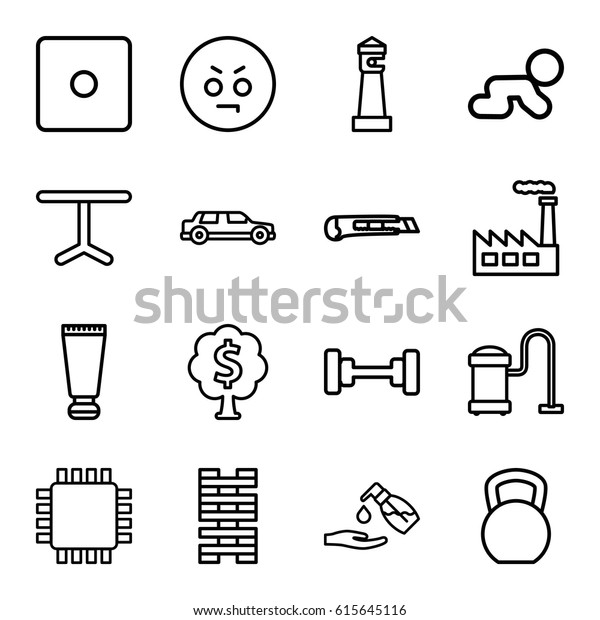 Icon icons set. set of\
16 icon outline icons such as lighthouse, cream tube, barbell,\
Dice, vacuum cleaner, liquid soap, table, cutter, money tree, cpu,\
angry emot, car