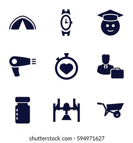 icon icons set. Set of 9 icon filled icons such as wheel barrow, hair dryer, wrist watch, graduate emoji, stopwatch, male consultant   with case, tent, box