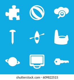 Icon icons set. set of 9 icon filled icons such as baby potty, nail, display, key, rowing boat, puzzle, planet, beach ball