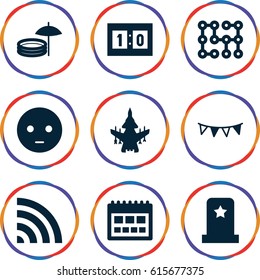 Icon icons set. set of 9 icon filled icons such as sad emot, wi-fi, party flag, sport score, inflatable pool and umbrella, electric circuit, plane, headstone