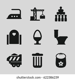 Icon icons set. set of 9 icon filled icons such as construction crane, baby toy, toilet, iron, cargo trailer, egg, trash bin, bowling