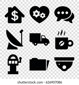 Icon icons set. set of 9 icon filled icons such as security camera, delivery car, gear heart, chat, folder, coffee, bank, slot machine