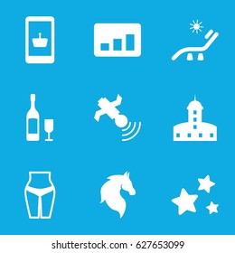 Icon icons set. set of 9 icon filled icons such as horse, castle, sunbed, satellite, star, wine glass and bottle, chart, online shopping