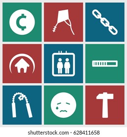 Icon icons set. set of 9 icon filled icons such as elevator, crying emot, chain, home, hammer, kite, chain weapon, coin