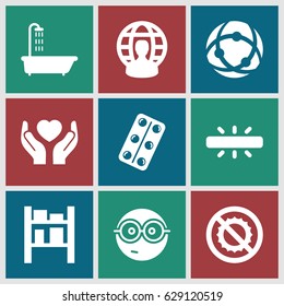 Icon icons set. set of 9 icon filled icons such as shower, nerd emoji, no brightness, cargo barn, hands holding heart, medical pills, camera, user globe