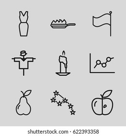 Icon icons set. set of 9 icon outline icons such as scarecrow, dress, pear, apple, flag, pan-fry, constellation, chart