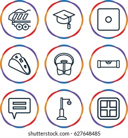 Icon icons set. set of 9 icon outline icons such as window, level ruler, Dice, bag, taco, street lamp, cargo trailer, arrows up
