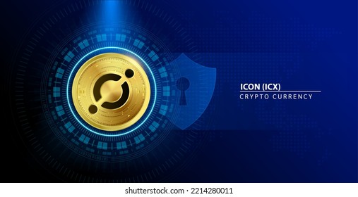ICON (ICX) coin gold. Cryptocurrency blockchain. Future digital (crypto currency) currency replacement technology concept. On blue background. 3D Vector illustration.