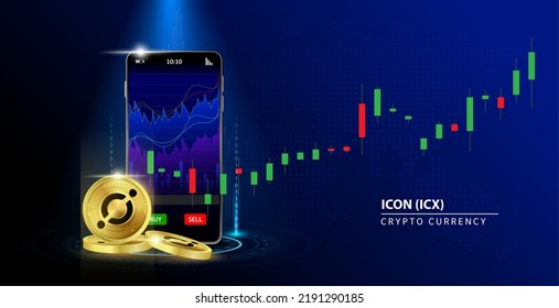 ICON (ICX) coin gold Online payment. Hand holding smartphone money  payment app bank. Secure mobile banking finance concept Blue background vector illustration. 3D Cryptocurrency blockchain.