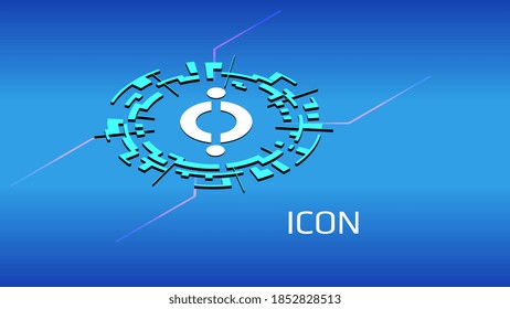 Icon ICX isometric token symbol in digital circle on blue background. Cryptocurrency icon. Vector illustration for website or banner.
