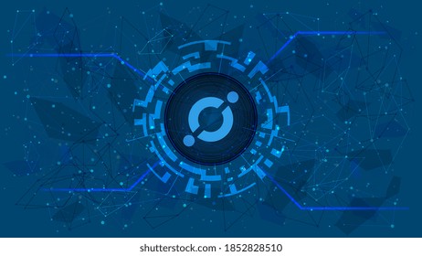 Símbolo icono ICX en un círculo digital sobre fondo azul poligonal. Icono de moneda de criptodivisa. Oro digital para sitio web o banner. Copiar espacio. Vector.