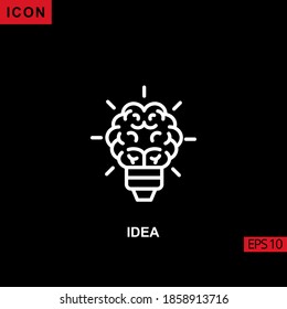 Icon idea with brain and lamp vector on black background. Illustration line, linear, outline and lineal icon for graphic, print media interfaces and web design.