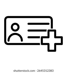 icon of an identification card with a plus sign, symbolizing new user registration, account creation, or adding a member. Flat minimal style.