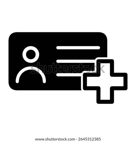 icon of an identification card with a plus sign, symbolizing new user registration, account creation, or adding a member. Flat minimal style.