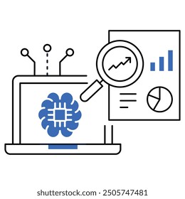 An icon illustrating AI-driven data analytics with a laptop, magnifying glass, and charts, emphasizing big data, machine learning, predictive analytics, and business intelligence.