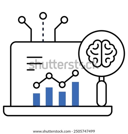 An icon illustrating AI-powered brain analytics with a laptop and cognitive data, highlighting machine learning, AI research, cognitive computing, and data-driven insights.