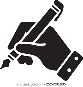 An icon illustrating a hand gripping a pen, write symbol styled as a silhouette vector.  