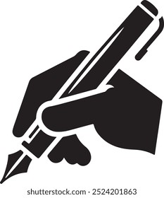 An icon illustrating a hand gripping a pen, write symbol styled as a silhouette vector. 