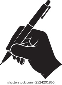 An icon illustrating a hand gripping a pen, write symbol styled as a silhouette vector. 