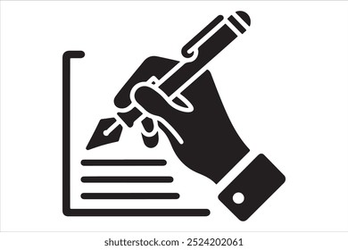 An icon illustrating a hand gripping a pen, write symbol styled as a silhouette vector on a white background. 