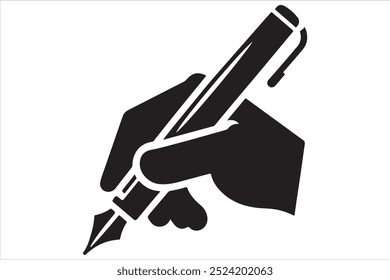 An icon illustrating a hand gripping a pen, write symbol styled as a silhouette vector on a white background. 