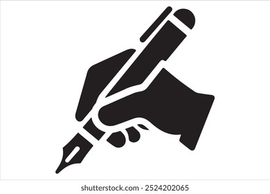 An icon illustrating a hand gripping a pen, write symbol styled as a silhouette vector on a white background. 